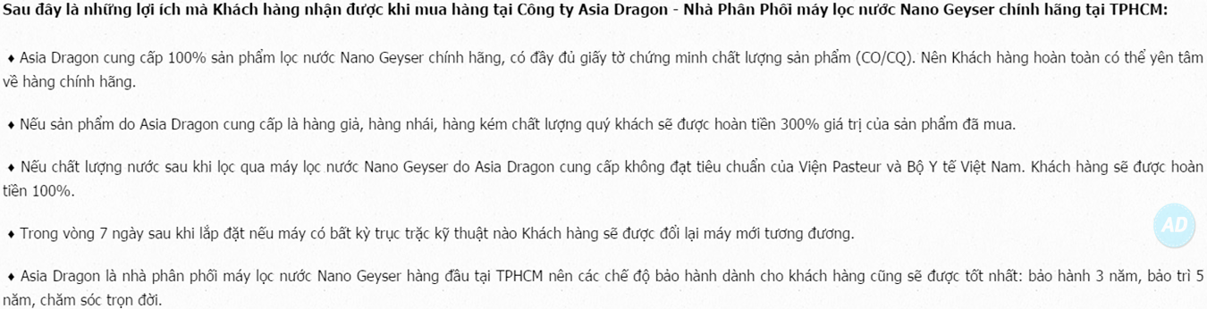 Máy lọc nước geyser không sử dụng điện