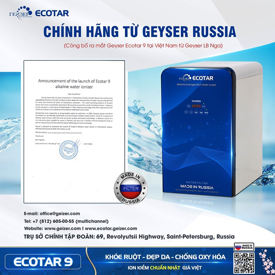 Máy lọc nước ion kiềm Geyser Ecotar 9 là sản phẩm chính hãng đến từ tập đoàn Geyser của Nga